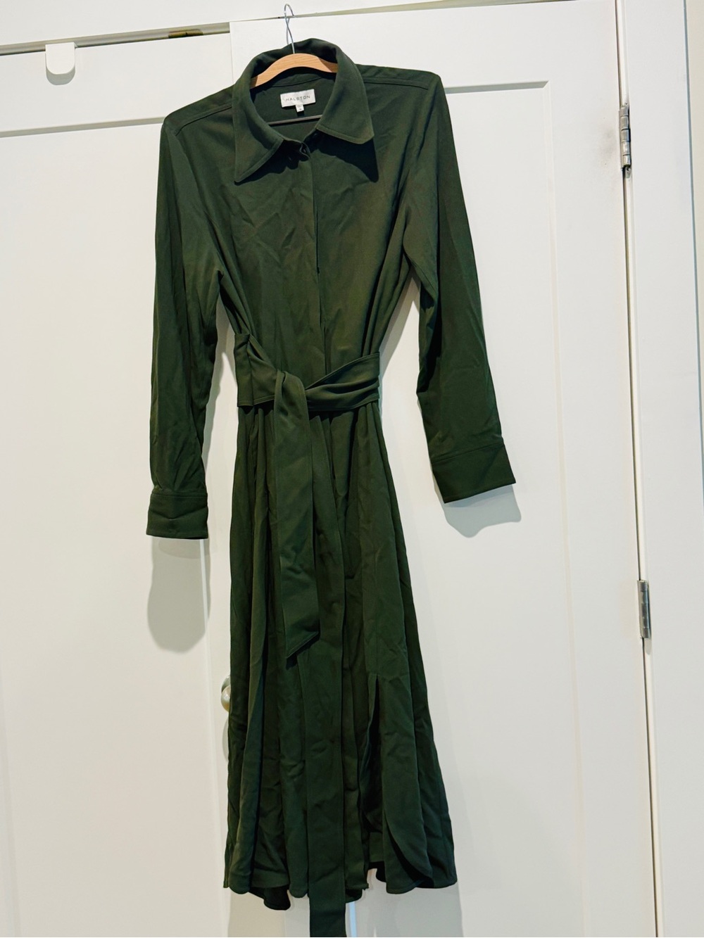 Halston Long Sleeve Collared Shirt Dress with Waist Tie - Dark Green -Sz 12